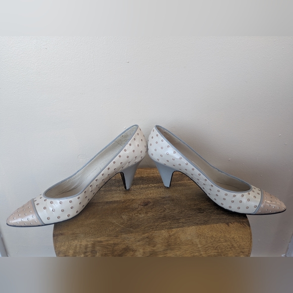 VINTAGE Paradox By Zalo Polka Dot Kitten Heels: Pink, Gray, & Cream (SIZE 7) - Picture 6 of 15